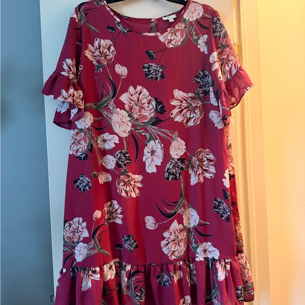 Floral Ruffle Short Sleeve Dress - Burgundy Pink Floral